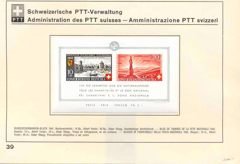 Schweiz 1942: Sammelblatt 39 Bundesfeierblock *