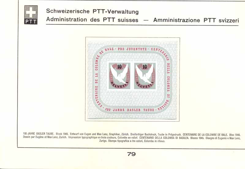 Schweiz 1945: Sammelblatt 79 Basler Taube Block *